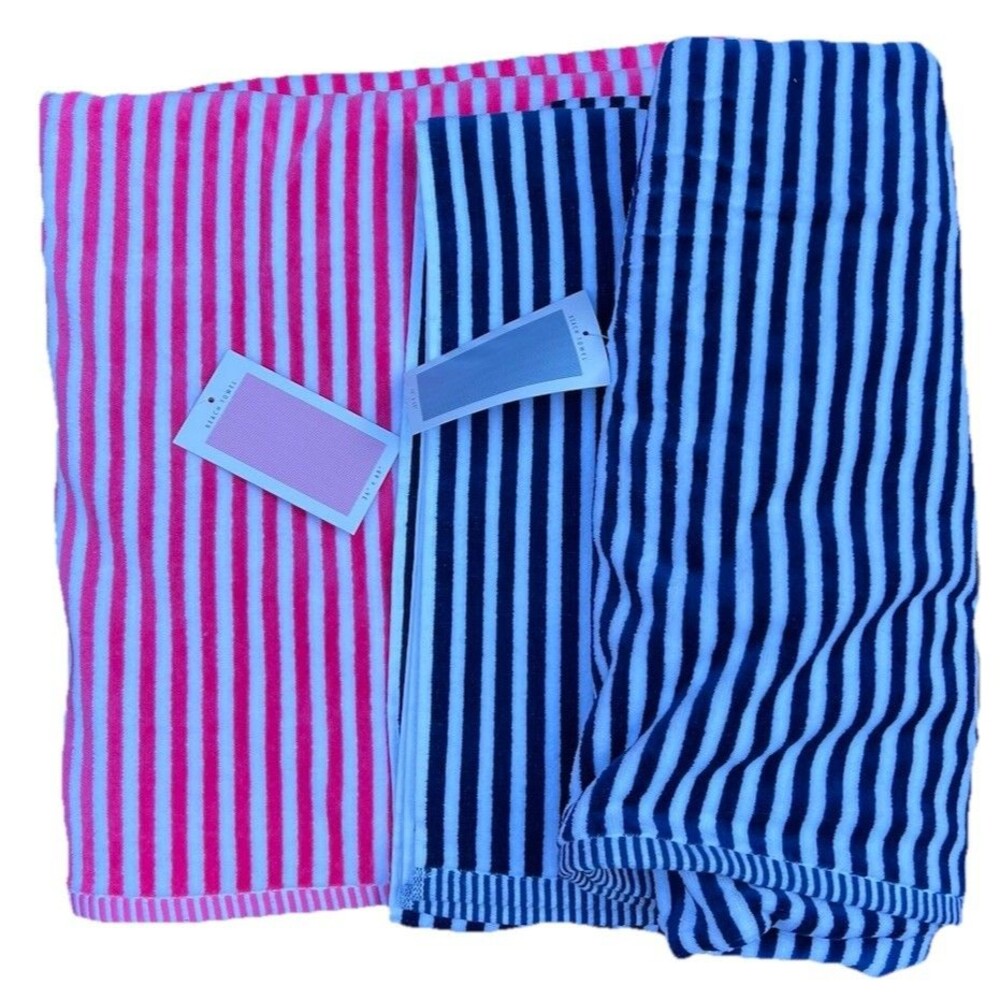 Common Thread Beach Towel Set Navy Blue & Pink White Stripes Soft Cotton New